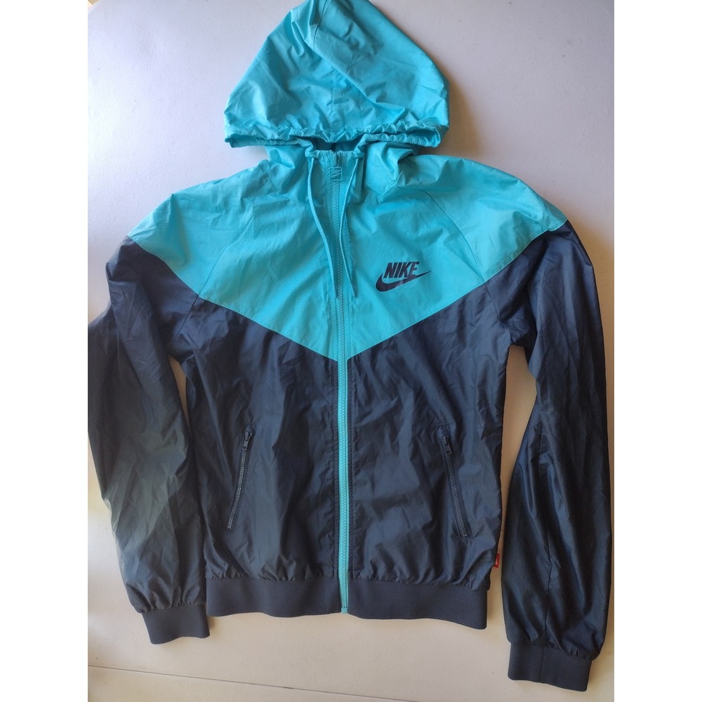 Nike Windrunner Teal Navy Blue Colorblock Hooded Windbreaker Jacket Womens Small